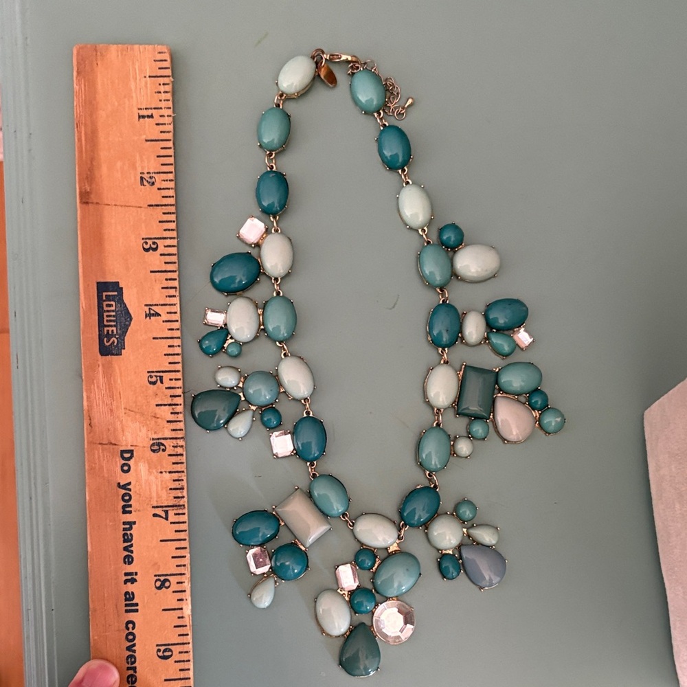 Charming Charlie Teal Aqua Statement Bib Necklace Gold Tone Crystal π - Picture 6 of 7